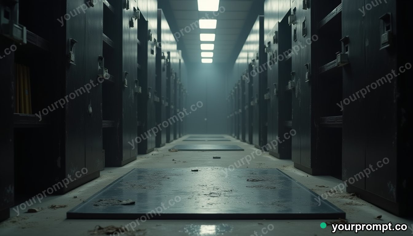Titanium doormat surrounded by floating black squares inside a dust-covered archive · impossible physics surreal — AI-generated image