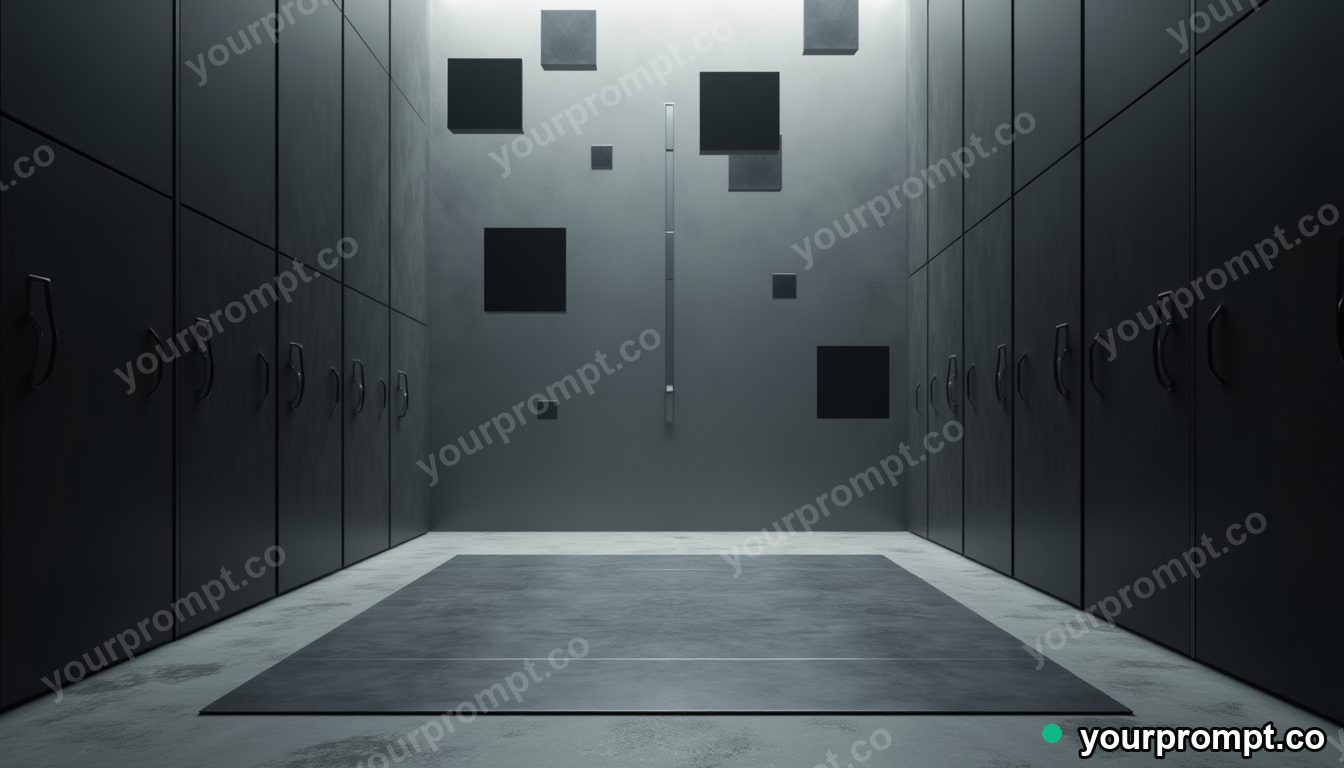 Titanium doormat surrounded by floating black squares inside a dust-covered archive · minimal graphic geometry — AI-generated image