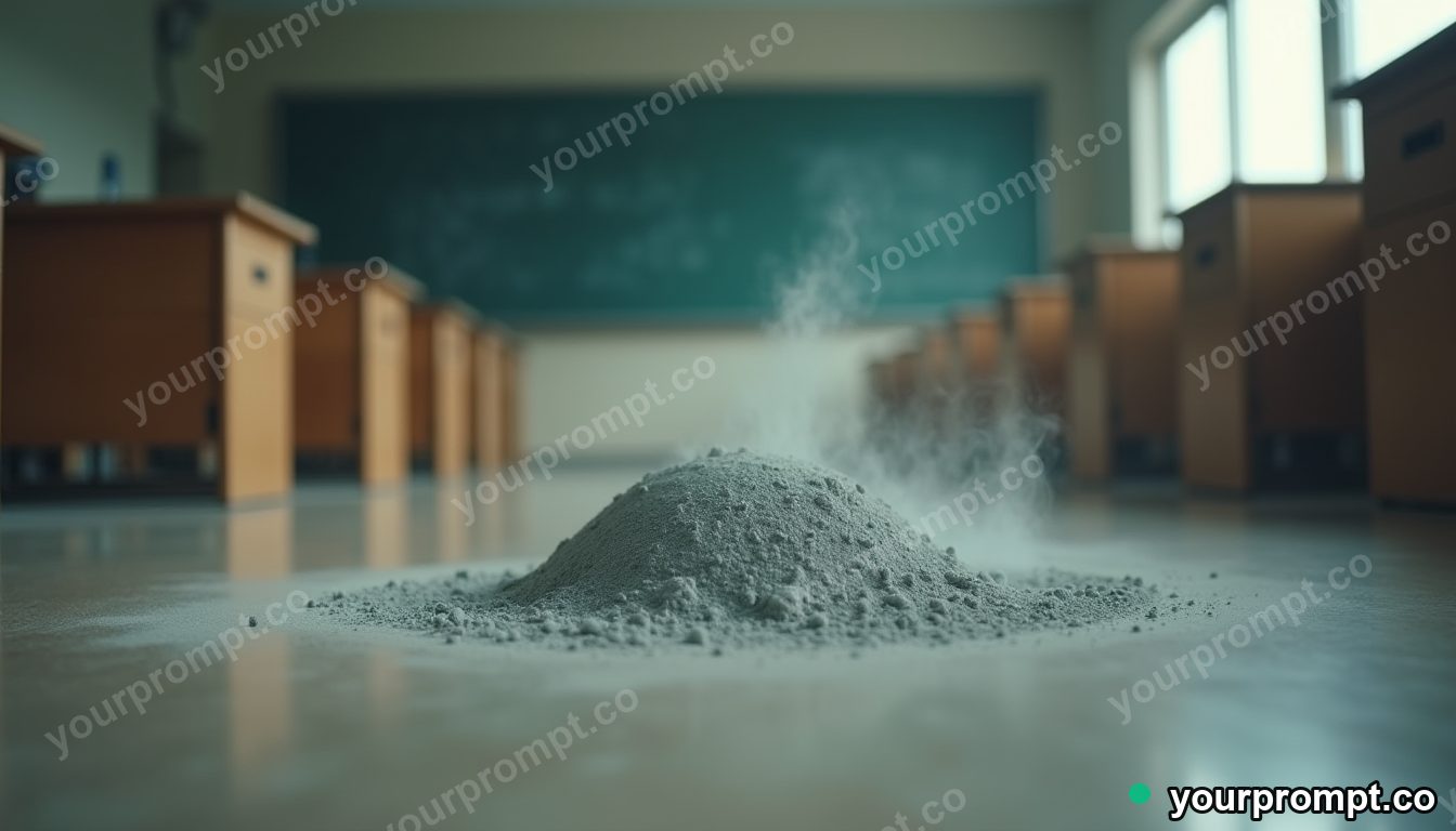 Chalk dust dome hovering a few centimeters above the floor inside an empty classroom — 5 AI style variations of one prompt