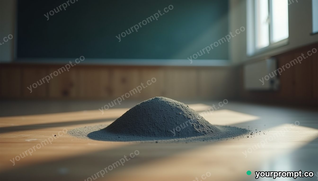 Chalk dust dome hovering a few centimeters above the floor inside an empty classroom · premium material editorial — AI-generated image