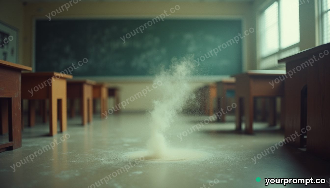 Chalk dust dome hovering a few centimeters above the floor inside an empty classroom · analog empty archive — AI-generated image