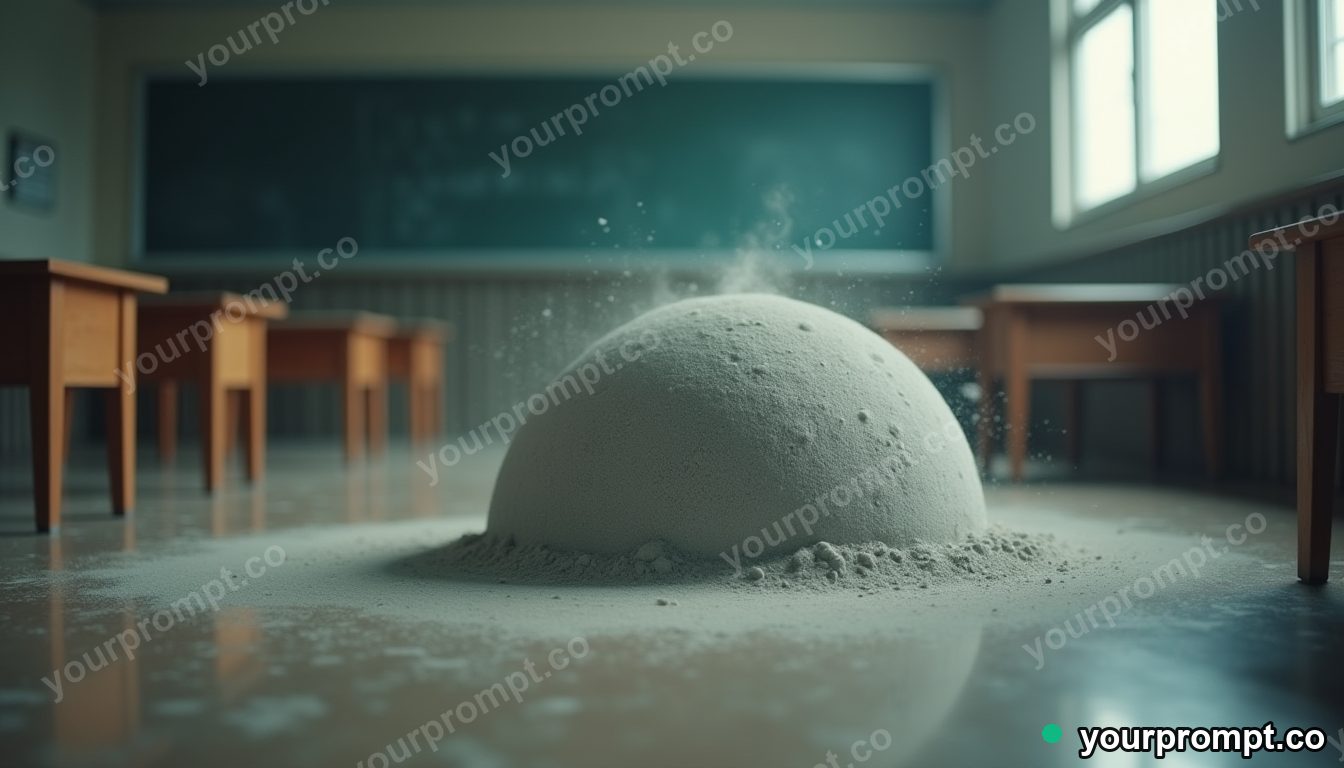 Chalk dust dome hovering a few centimeters above the floor inside an empty classroom · impossible physics surreal — AI-generated image