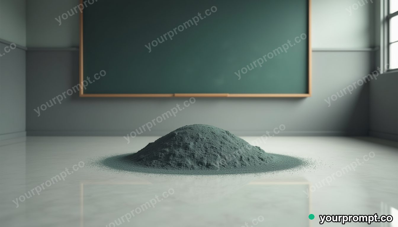 Chalk dust dome hovering a few centimeters above the floor inside an empty classroom · minimal graphic geometry — AI-generated image