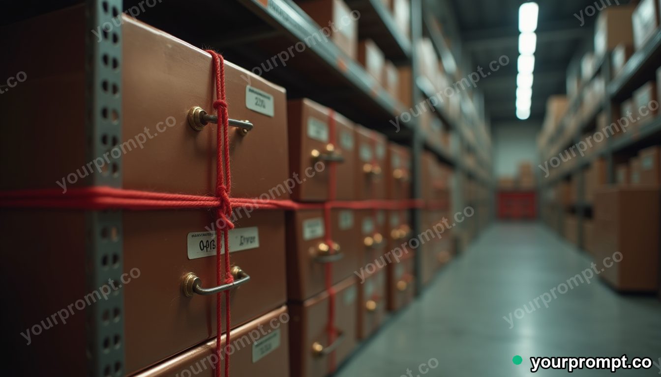 Copper filing cabinet wrapped in red thread without knots inside a quiet warehouse — 5 AI style variations of one prompt