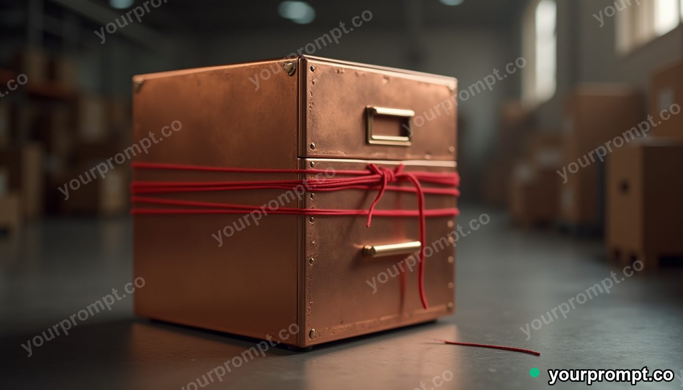 Copper filing cabinet wrapped in red thread without knots inside a quiet warehouse · premium material editorial — AI-generated image