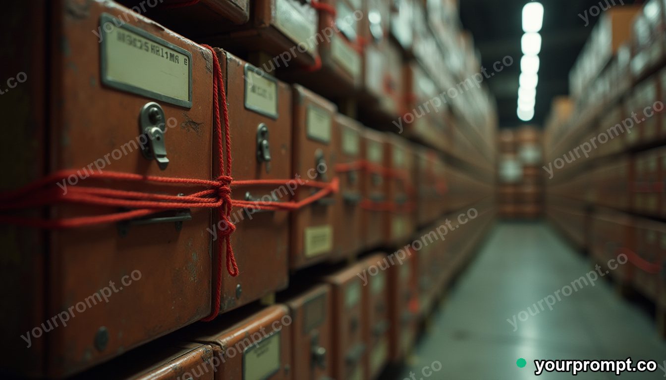 Copper filing cabinet wrapped in red thread without knots inside a quiet warehouse · analog empty archive — AI-generated image