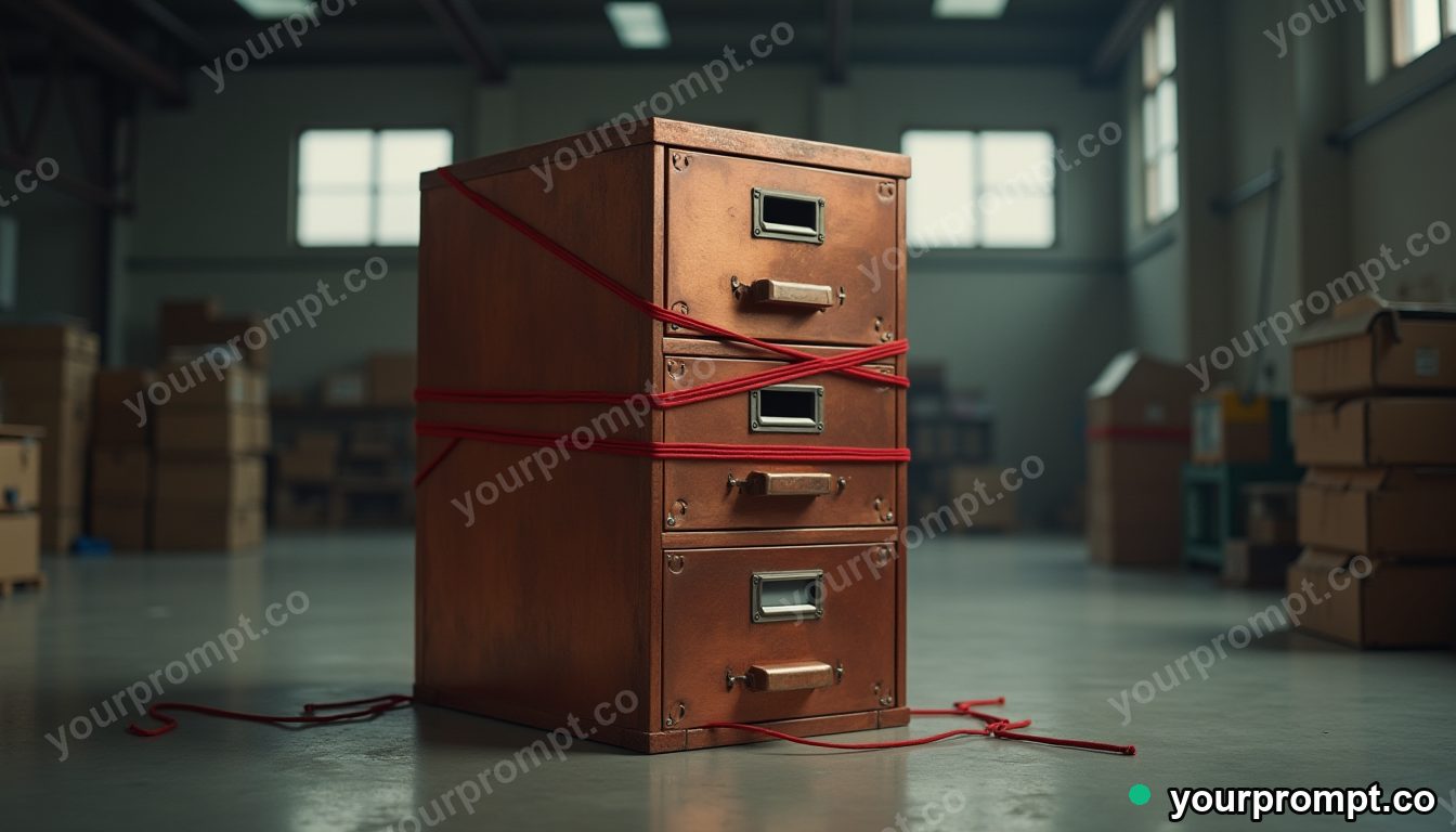 Copper filing cabinet wrapped in red thread without knots inside a quiet warehouse · impossible physics surreal — AI-generated image