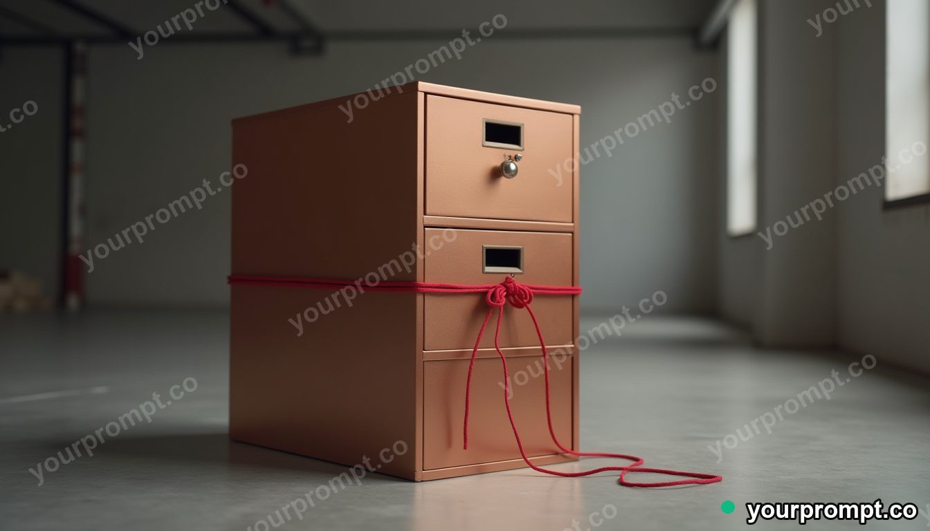 Copper filing cabinet wrapped in red thread without knots inside a quiet warehouse · minimal graphic geometry — AI-generated image