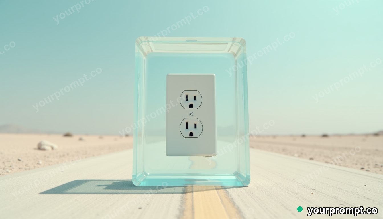 Opal wall socket sealed inside a transparent cube on a pale desert road — 5 AI style variations of one prompt
