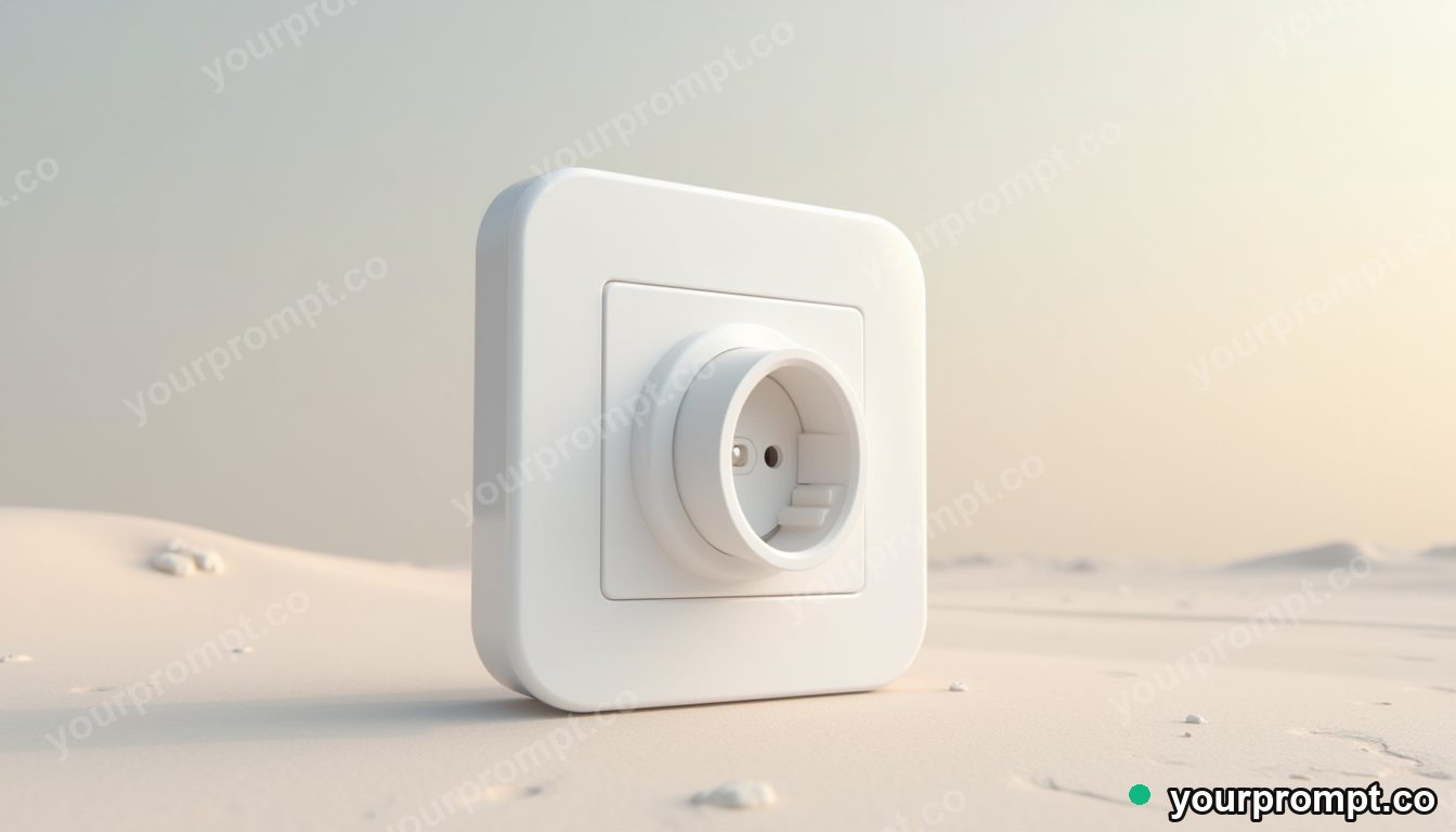 Opal wall socket sealed inside a transparent cube on a pale desert road · premium material editorial — AI-generated image