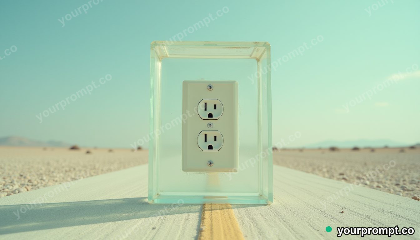 Opal wall socket sealed inside a transparent cube on a pale desert road · analog empty archive — AI-generated image