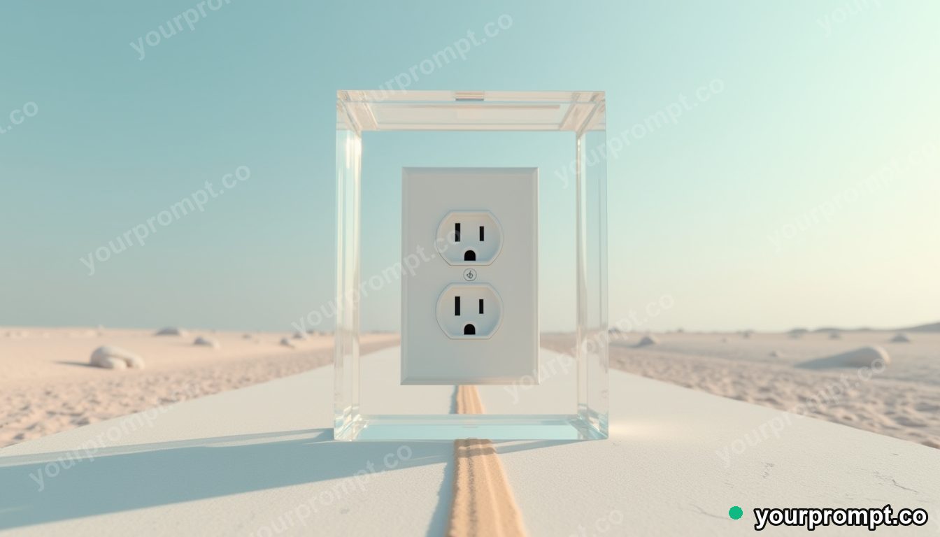 Opal wall socket sealed inside a transparent cube on a pale desert road · impossible physics surreal — AI-generated image
