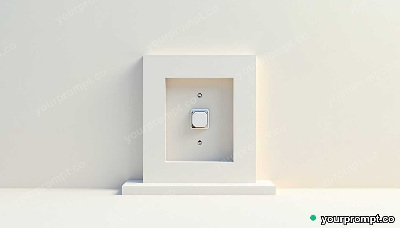 Opal wall socket sealed inside a transparent cube on a pale desert road · minimal graphic geometry — AI-generated image