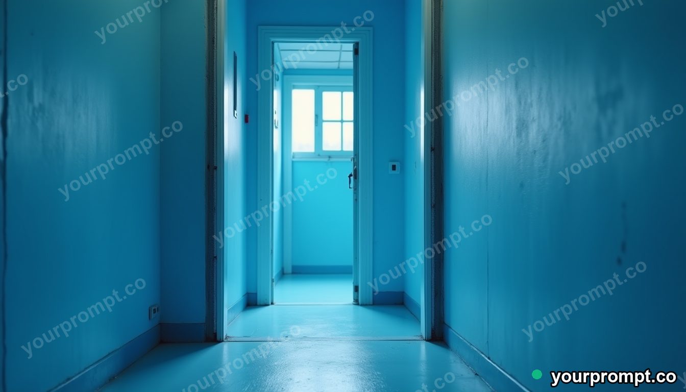 Blue doorframe cut open as a clean material cross-section in a narrow service stairwell — 5 AI style variations of one prompt