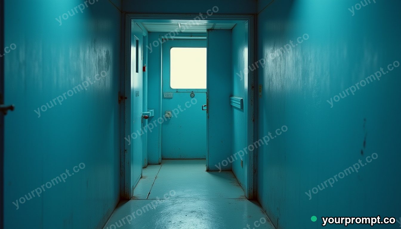 Blue doorframe cut open as a clean material cross-section in a narrow service stairwell · analog empty archive — AI-generated image