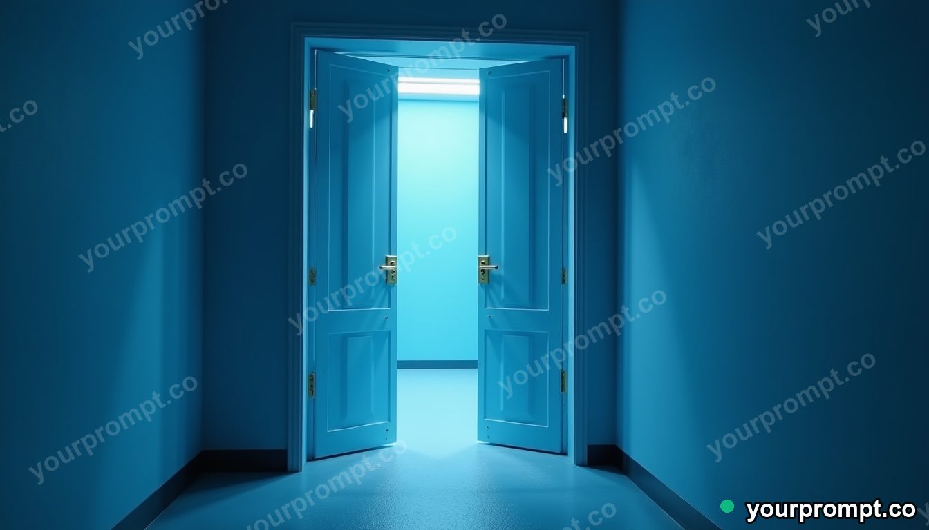 Blue doorframe cut open as a clean material cross-section in a narrow service stairwell · impossible physics surreal — AI-generated image