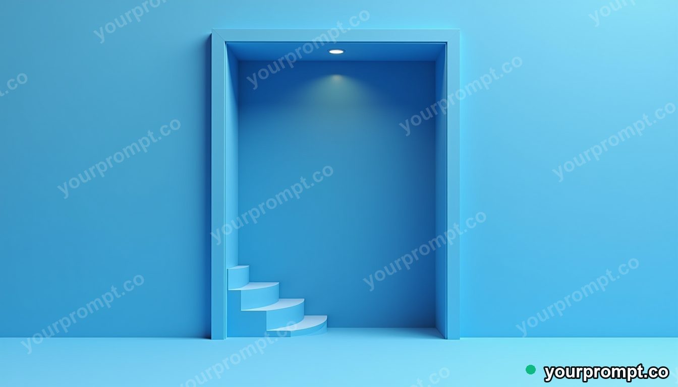 Blue doorframe cut open as a clean material cross-section in a narrow service stairwell · minimal graphic geometry — AI-generated image