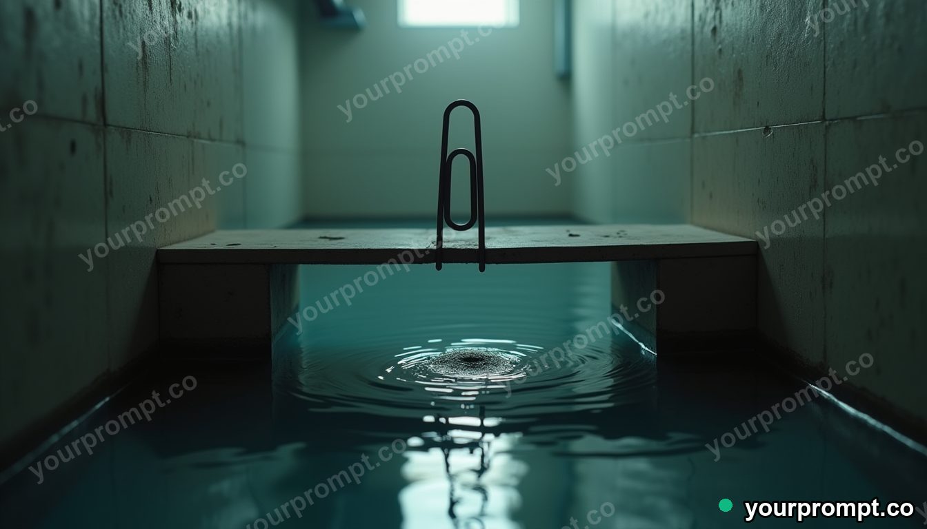 Paperclip bridge section balanced on a single invisible point in a flooded basement corner — 5 AI style variations of one prompt