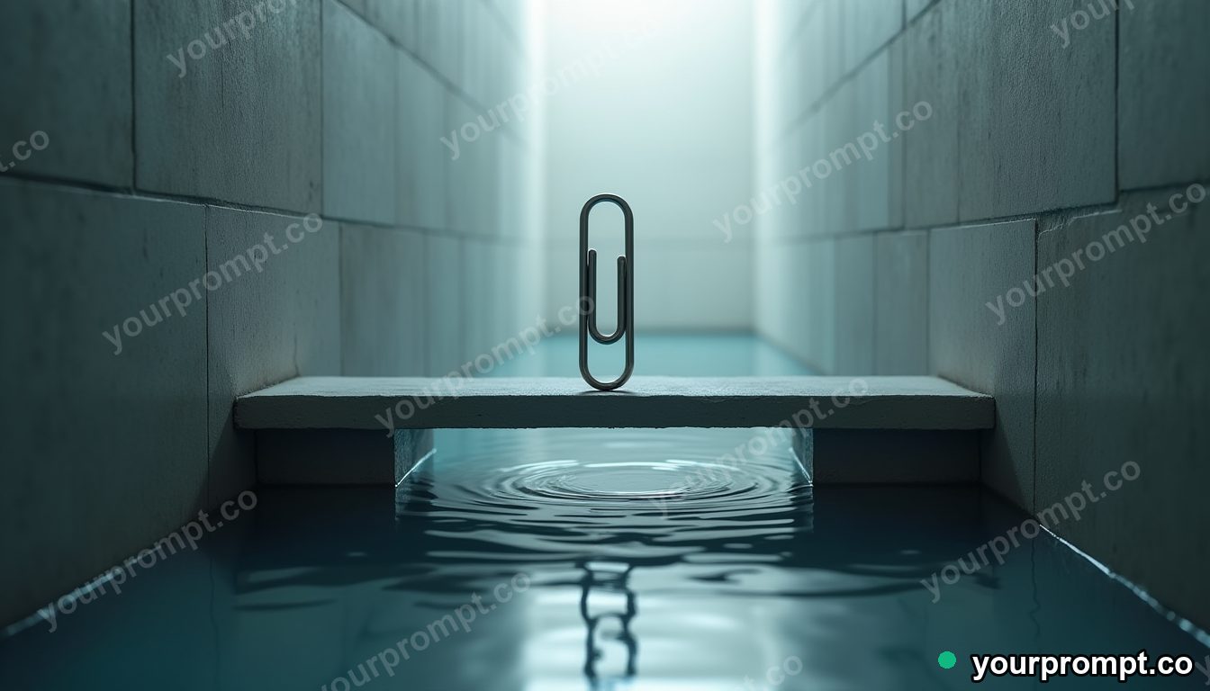Paperclip bridge section balanced on a single invisible point in a flooded basement corner · premium material editorial — AI-generated image