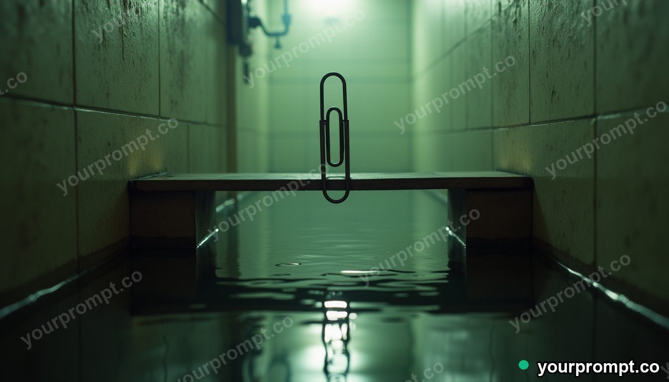 Paperclip bridge section balanced on a single invisible point in a flooded basement corner · analog empty archive — AI-generated image