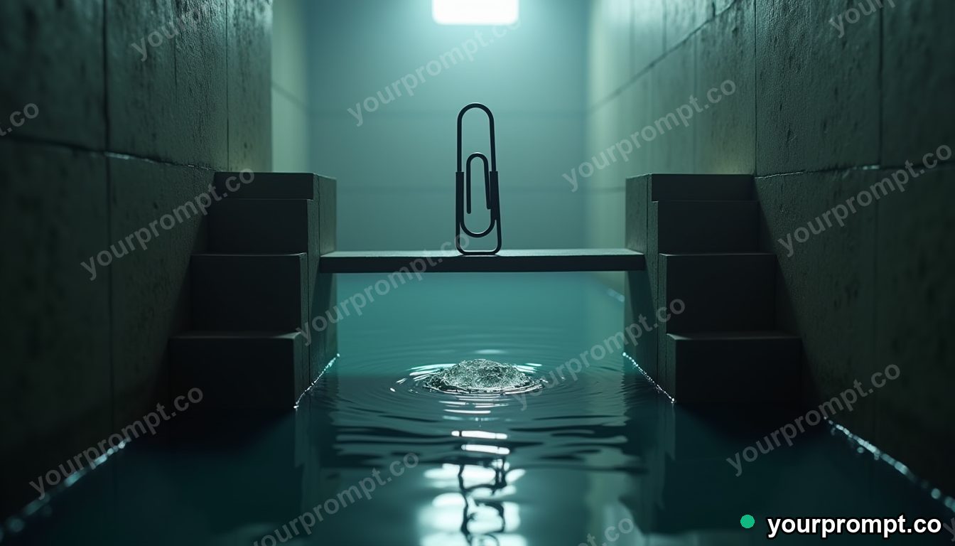 Paperclip bridge section balanced on a single invisible point in a flooded basement corner · impossible physics surreal — AI-generated image