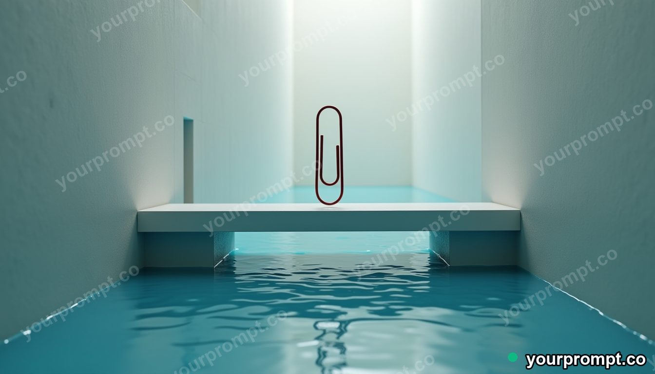 Paperclip bridge section balanced on a single invisible point in a flooded basement corner · minimal graphic geometry — AI-generated image