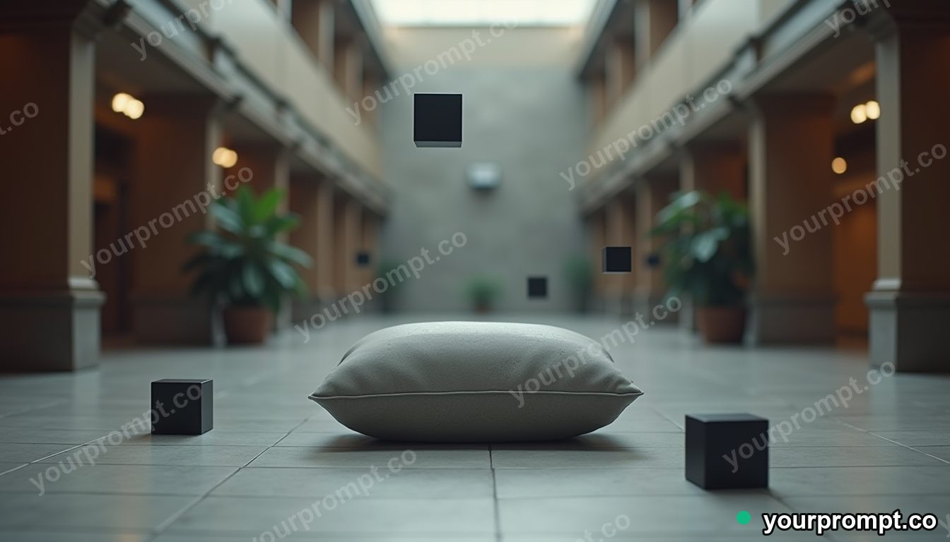 Concrete pillow block surrounded by floating black squares inside a vacant hotel lobby — 5 AI style variations of one prompt