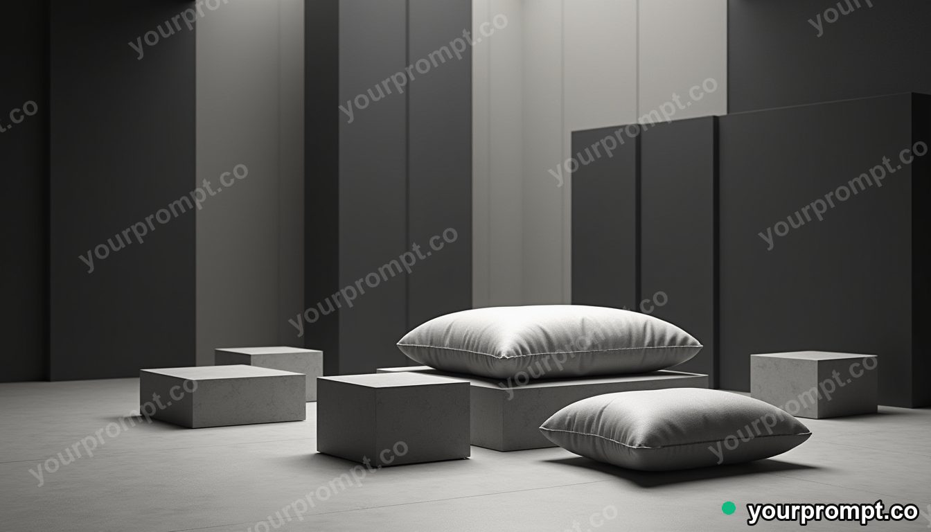 Concrete pillow block surrounded by floating black squares inside a vacant hotel lobby · premium material editorial — AI-generated image