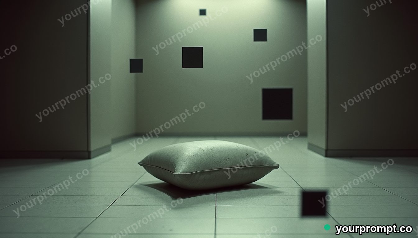 Concrete pillow block surrounded by floating black squares inside a vacant hotel lobby · analog empty archive — AI-generated image