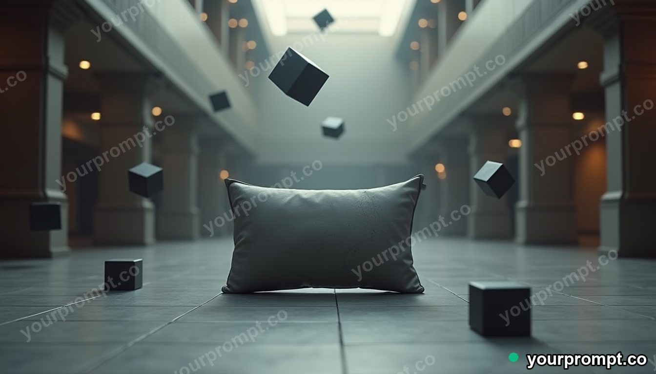 Concrete pillow block surrounded by floating black squares inside a vacant hotel lobby · impossible physics surreal — AI-generated image