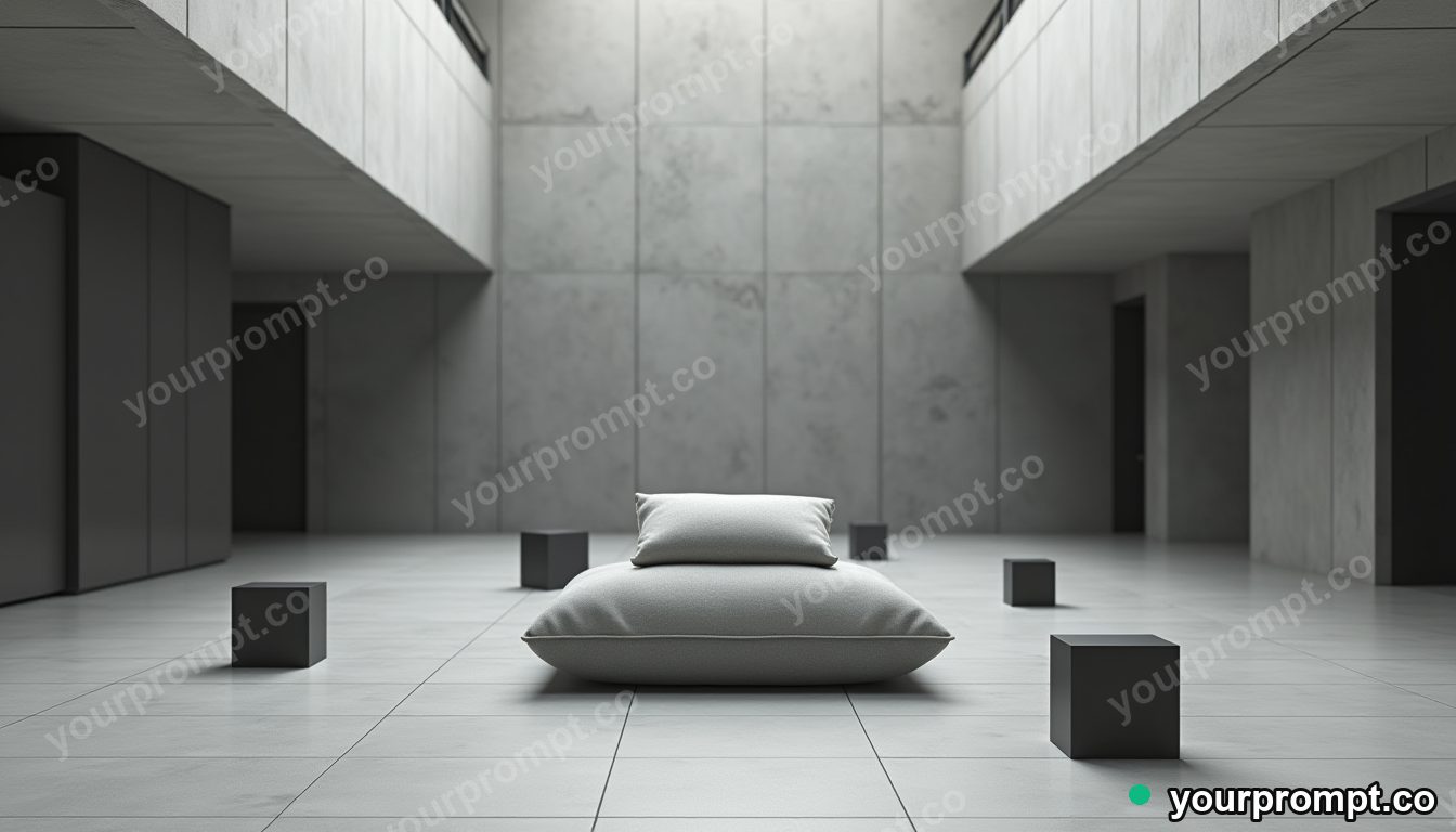 Concrete pillow block surrounded by floating black squares inside a vacant hotel lobby · minimal graphic geometry — AI-generated image