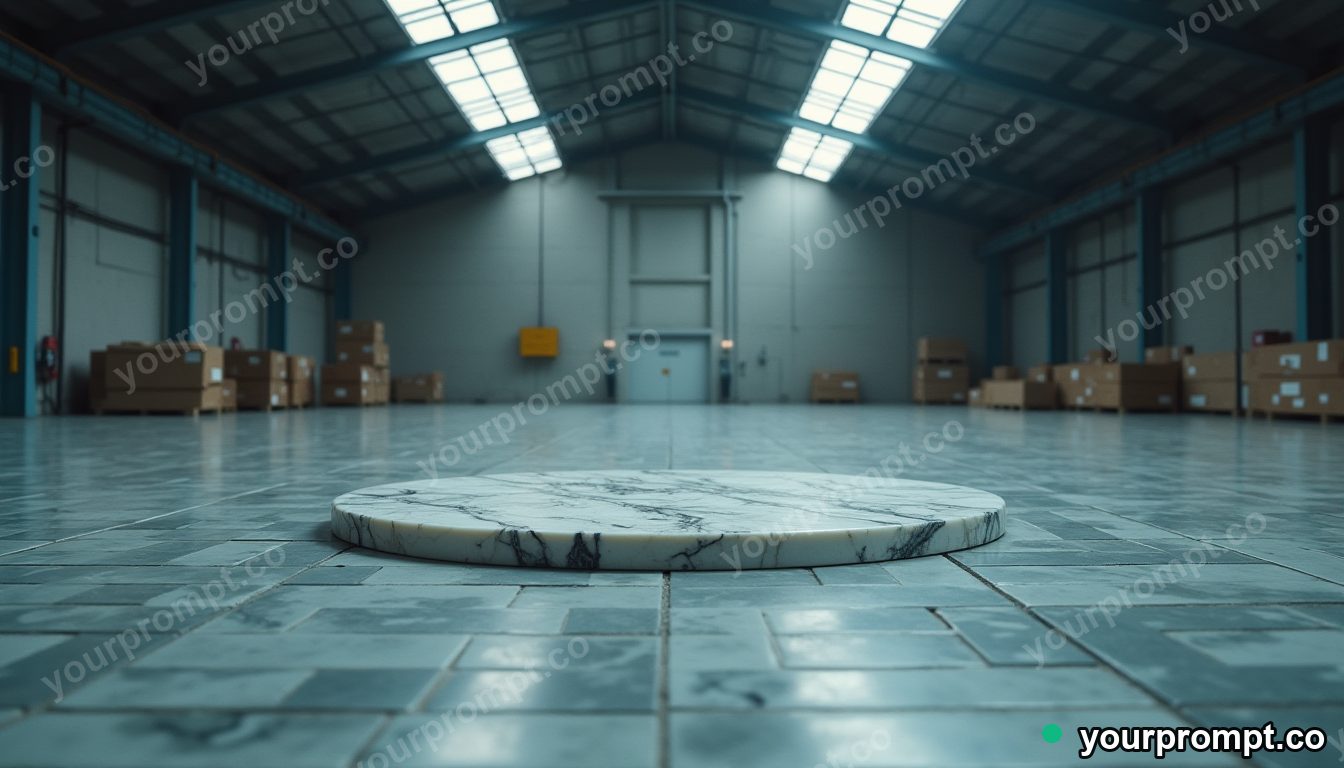Marble circuit board melting into geometric tiles inside a quiet warehouse — 5 AI style variations of one prompt