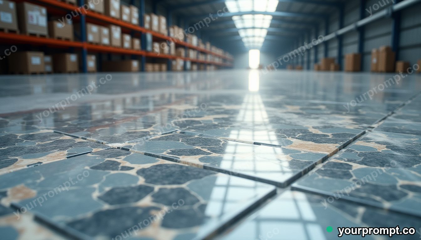 Marble circuit board melting into geometric tiles inside a quiet warehouse · premium material editorial — AI-generated image