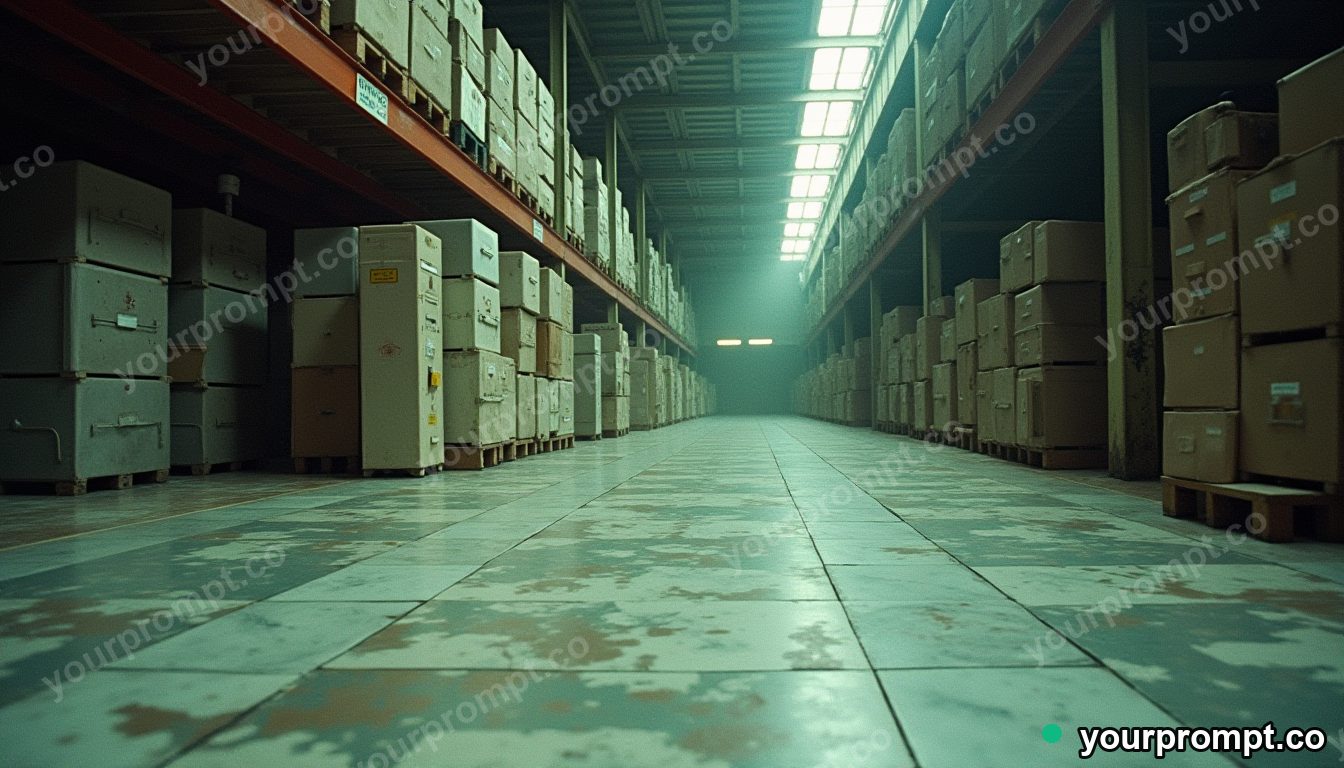 Marble circuit board melting into geometric tiles inside a quiet warehouse · analog empty archive — AI-generated image