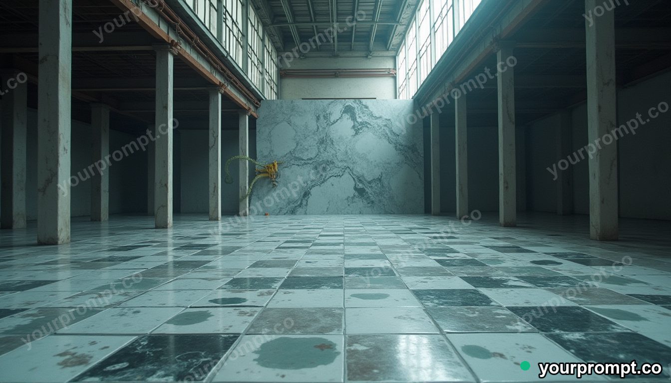 Marble circuit board melting into geometric tiles inside a quiet warehouse · impossible physics surreal — AI-generated image