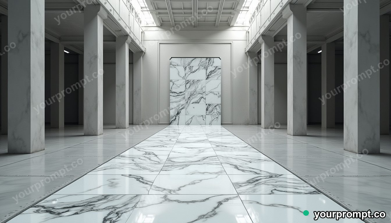 Marble circuit board melting into geometric tiles inside a quiet warehouse · minimal graphic geometry — AI-generated image
