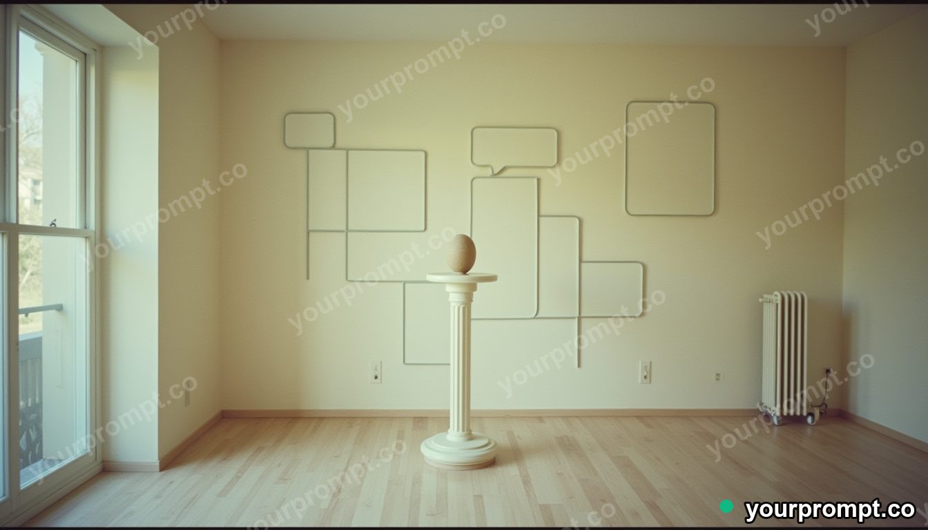 Ceramic road sign divided into exact modular pieces inside a minimalist apartment room · analog empty archive — AI-generated image