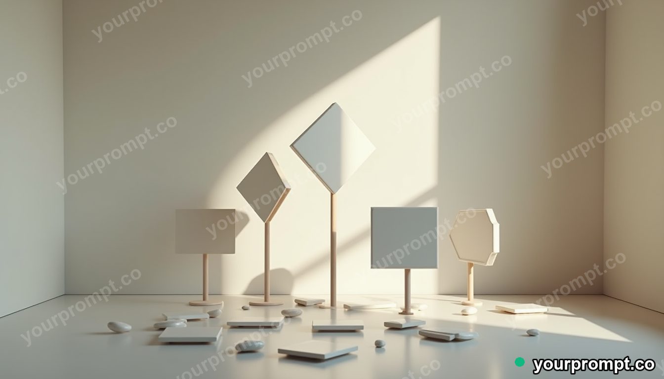 Ceramic road sign divided into exact modular pieces inside a minimalist apartment room · impossible physics surreal — AI-generated image