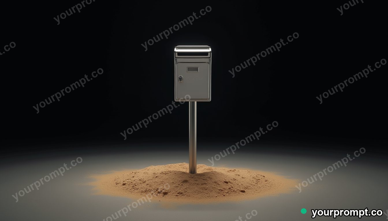 Chrome mailbox standing in a circle of dry dust in a black-box studio — 5 AI style variations of one prompt