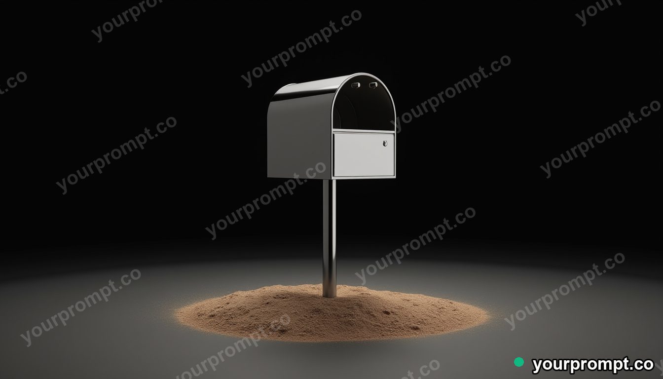 Chrome mailbox standing in a circle of dry dust in a black-box studio · premium material editorial — AI-generated image