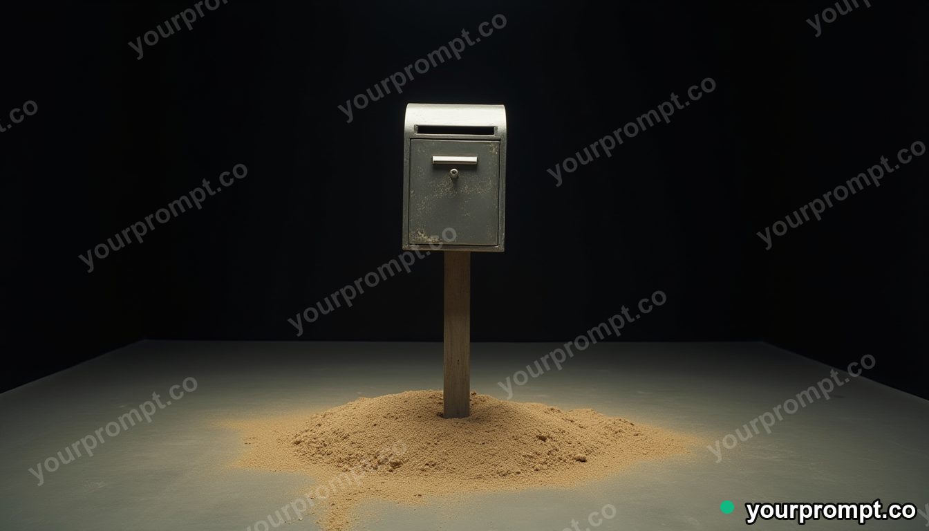 Chrome mailbox standing in a circle of dry dust in a black-box studio · analog empty archive — AI-generated image