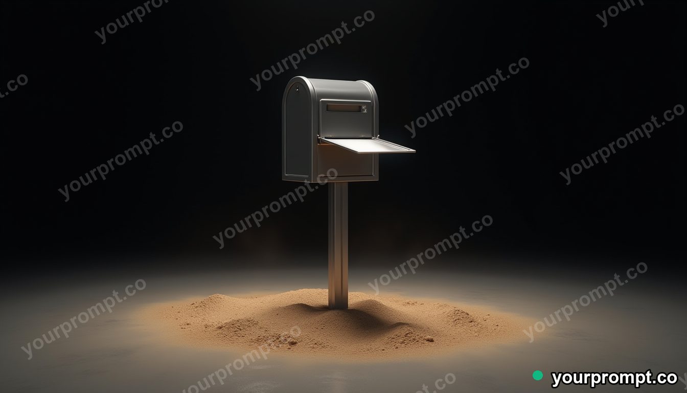 Chrome mailbox standing in a circle of dry dust in a black-box studio · impossible physics surreal — AI-generated image