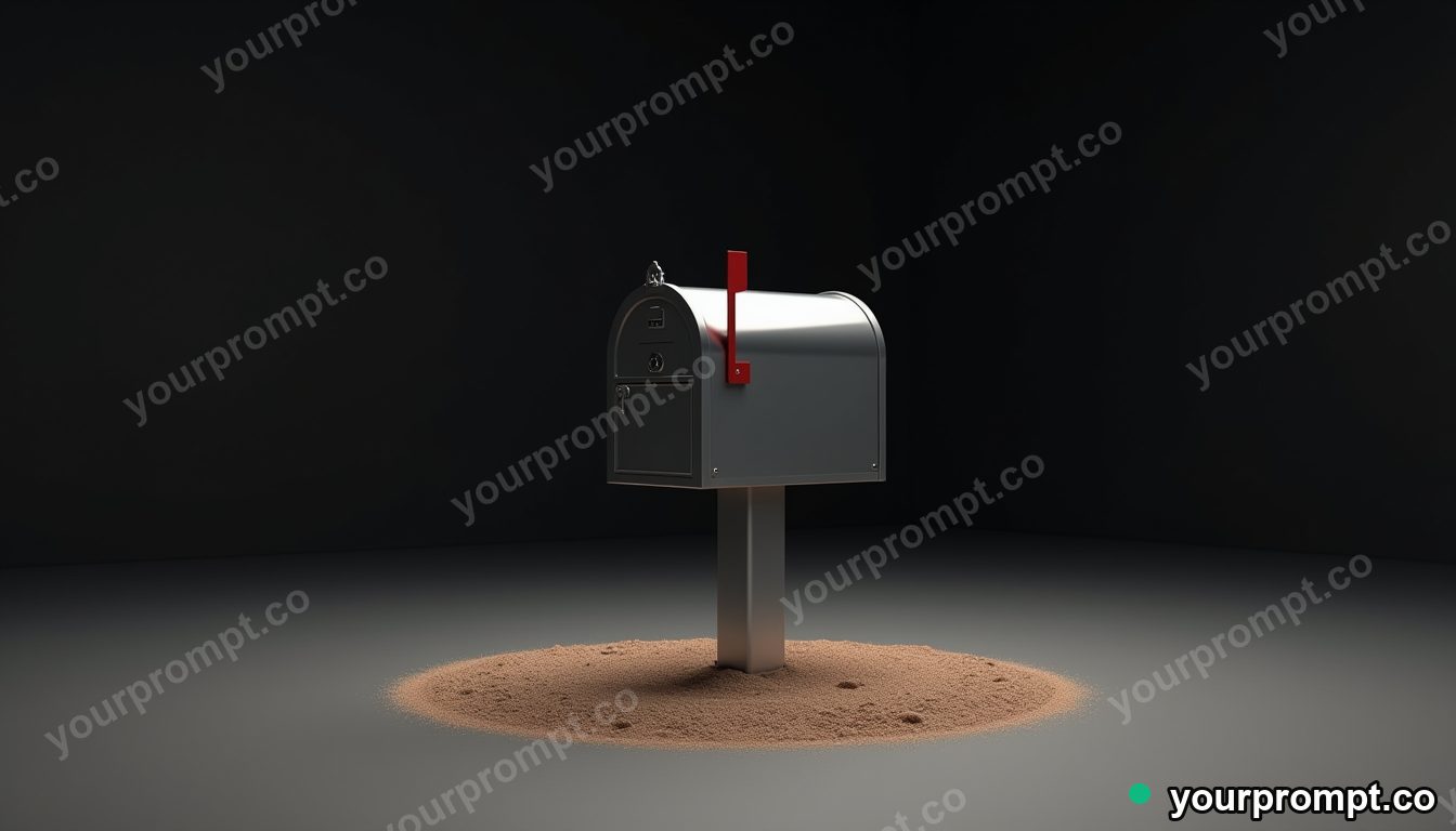 Chrome mailbox standing in a circle of dry dust in a black-box studio · minimal graphic geometry — AI-generated image