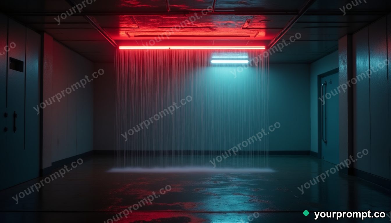 Neon tube crown covered with rain only on one side inside a blank office room — 5 AI style variations of one prompt