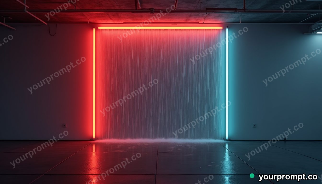 Neon tube crown covered with rain only on one side inside a blank office room · premium material editorial — AI-generated image