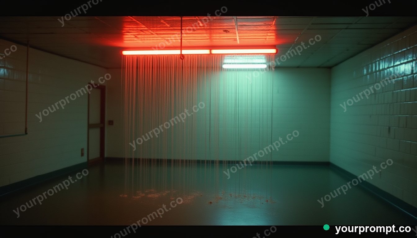 Neon tube crown covered with rain only on one side inside a blank office room · analog empty archive — AI-generated image