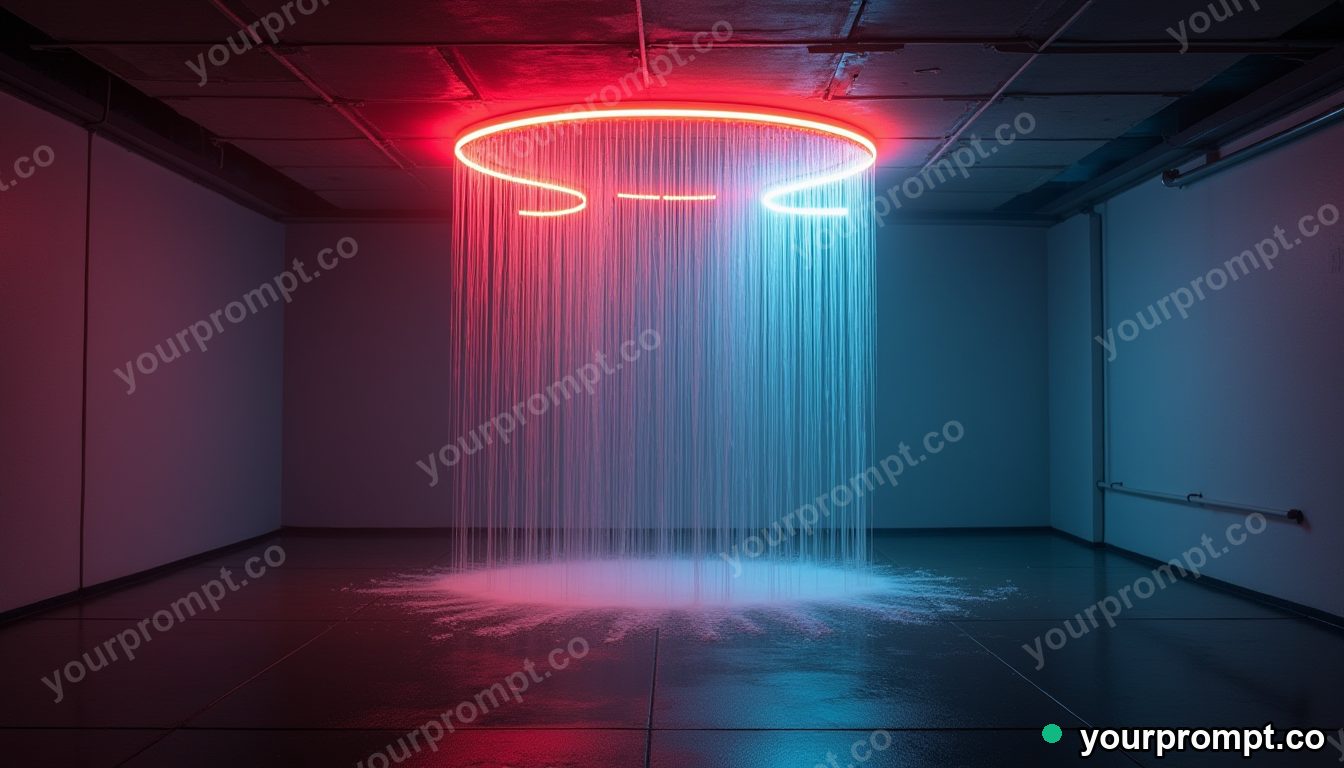 Neon tube crown covered with rain only on one side inside a blank office room · impossible physics surreal — AI-generated image