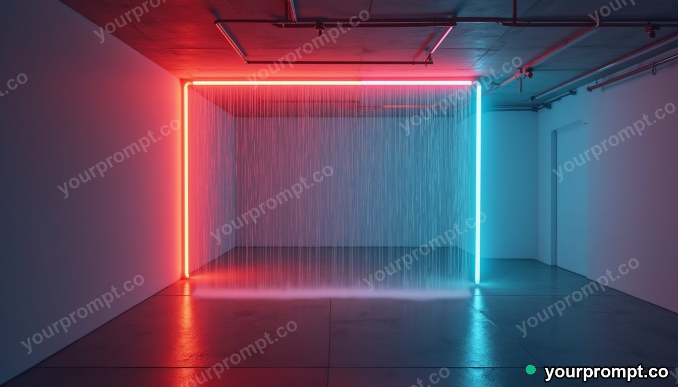 Neon tube crown covered with rain only on one side inside a blank office room · minimal graphic geometry — AI-generated image