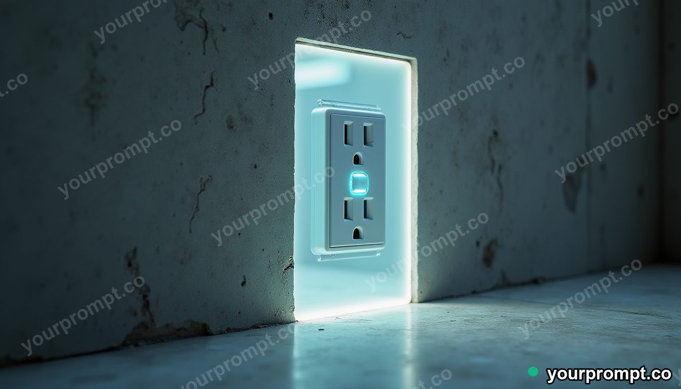 Opal wall socket slowly turning into polished stone inside a quiet warehouse · impossible physics surreal — AI-generated image