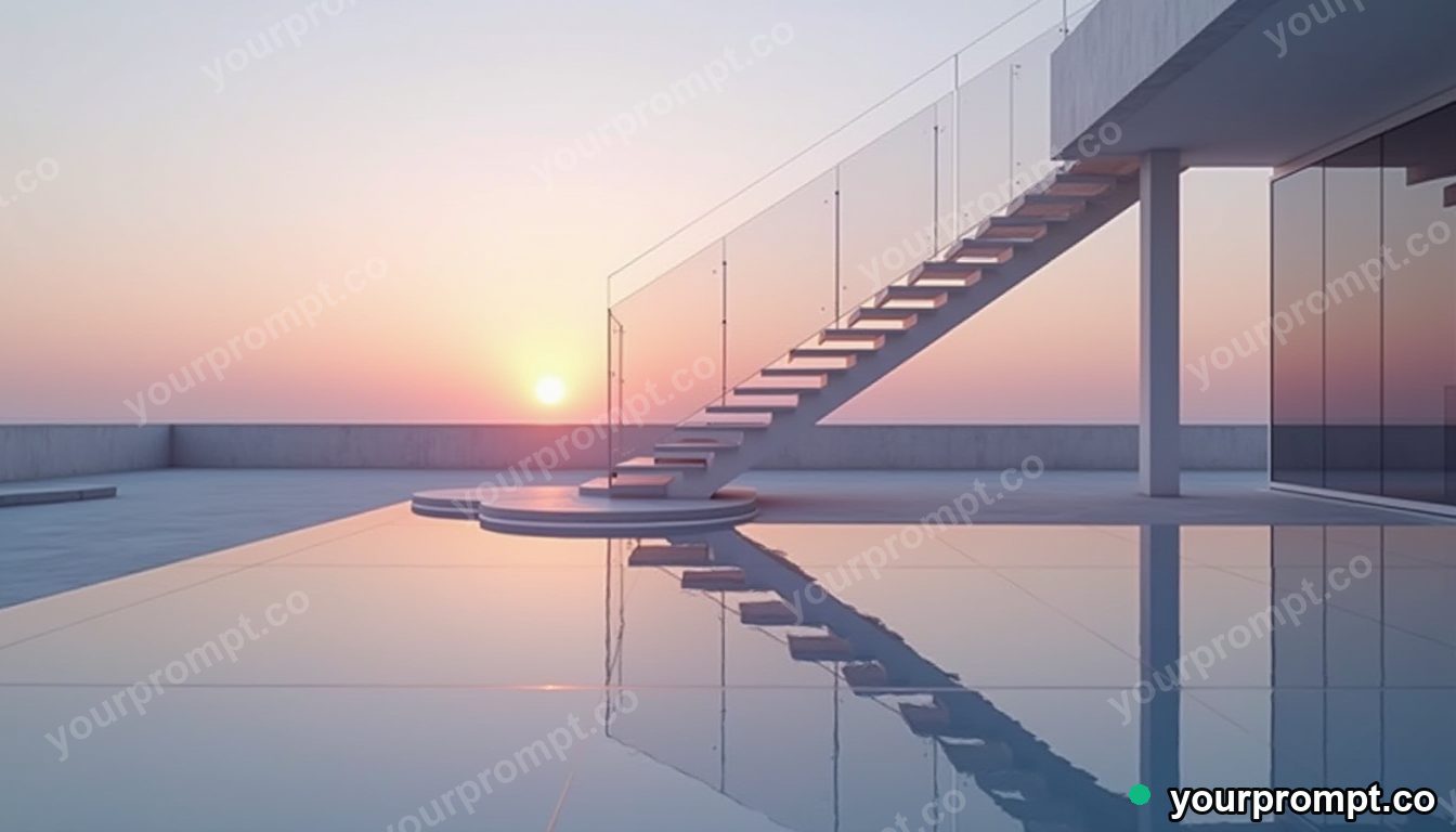 Acrylic staircase casting a reflection with the wrong color on a silent rooftop at dawn · premium material editorial — AI-generated image